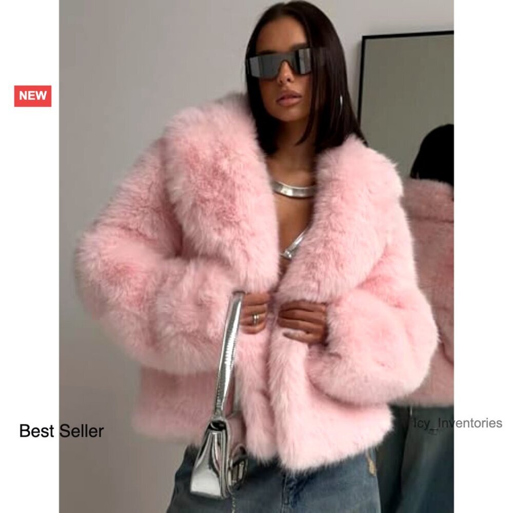 Faux Fur Coat Fluffy Shaggy Parka Elegant Winter Jacket Open Front Lapel - Picture 2 of 7